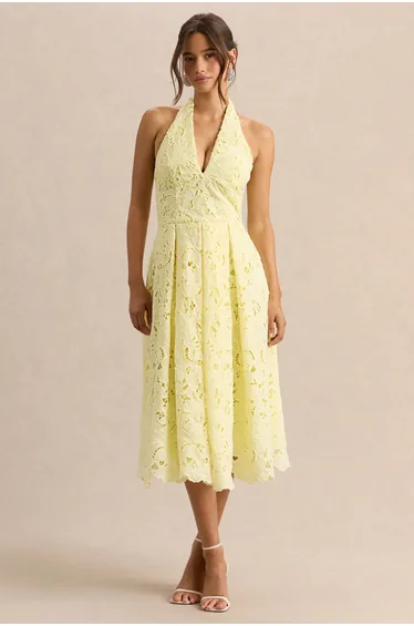 Maribel | Lemon Lace Plunge-Neck Midi Dress