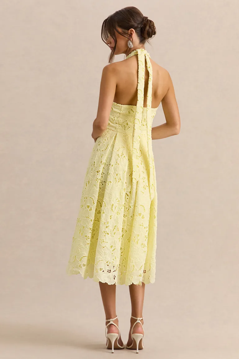 Maribel | Lemon Lace Plunge-Neck Midi Dress - 1