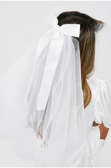 Bow Bridal Veil Hair Clip - white