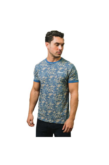 Lambretta Mens SS25 Paisley T-Shirt - Dark Blue/Cream