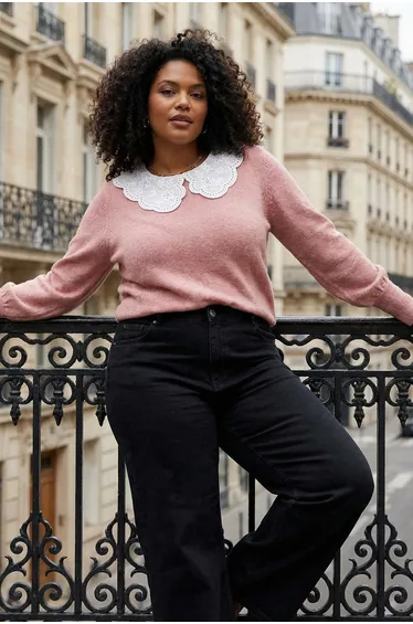 Rose dust lace collar knitwear sweater