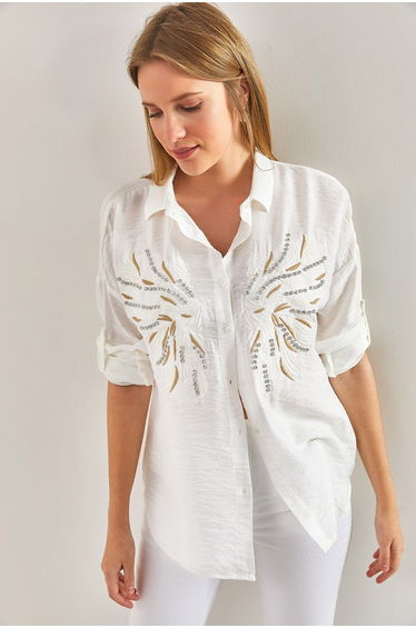 Women's Stone Embroidered Patterned Linen Ayrobin Shirt