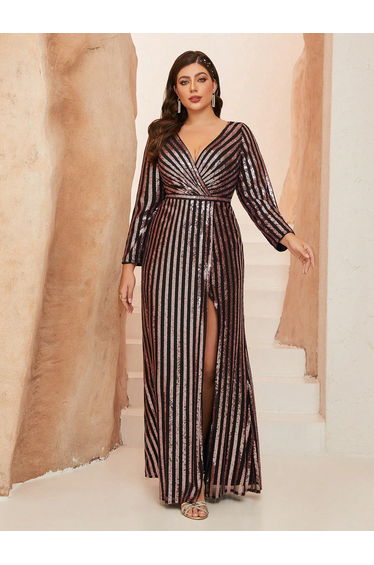 Leely Plus Women's Elegant V Neck Long Sleeve Party Dresses