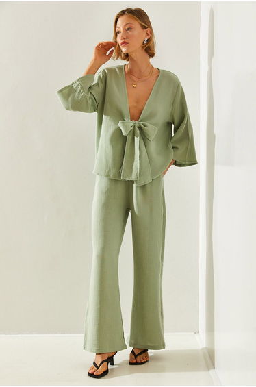 Women's Tie Detailed Palazzo Top-Bottom Set