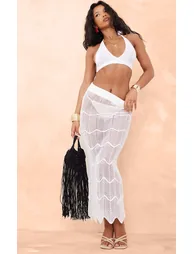 White Crochet Wave Knit Scallop Hem Maxi Skirt