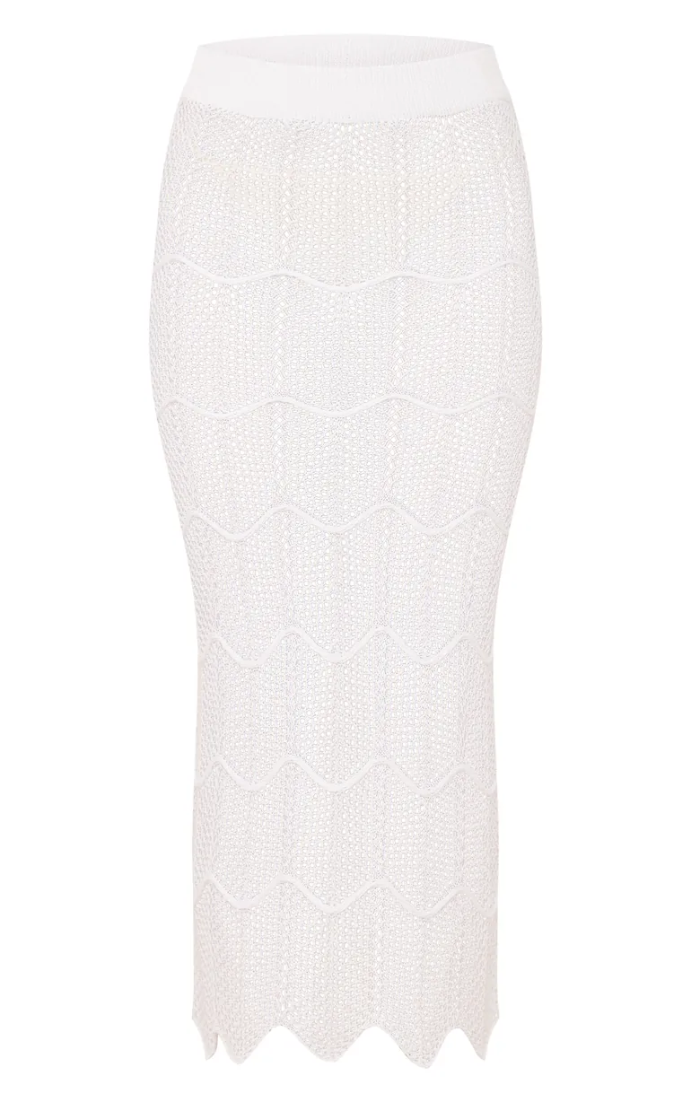 White Crochet Wave Knit Scallop Hem Maxi Skirt - 4