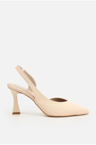 Women's beige pointed toe open back mid-heeled shoes