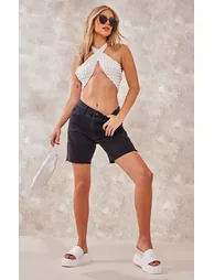 Washed Black Longline Fitted Denim Shorts