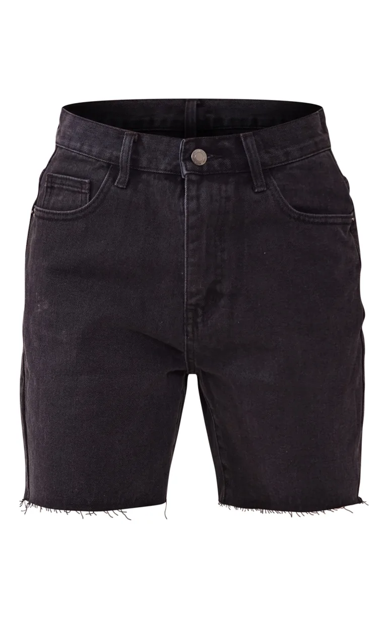 Washed Black Longline Fitted Denim Shorts - 5