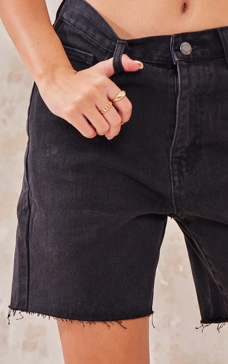 Washed Black Longline Fitted Denim Shorts - 4