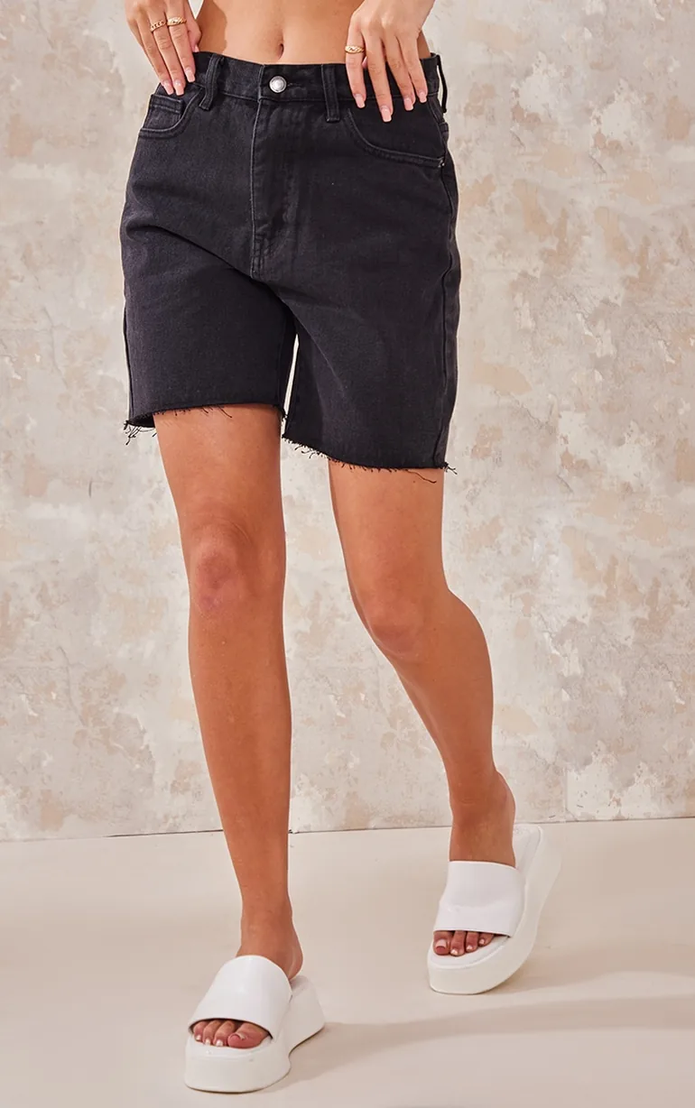 Washed Black Longline Fitted Denim Shorts - 1