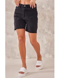 Washed Black Longline Fitted Denim Shorts - 1