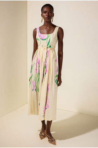 Floral Square Collar Pleated Midi Dress