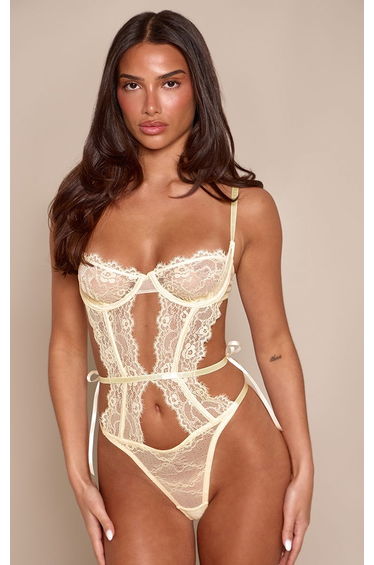 Lemon Cut Out Side Tie Lace Detail Bodysuit