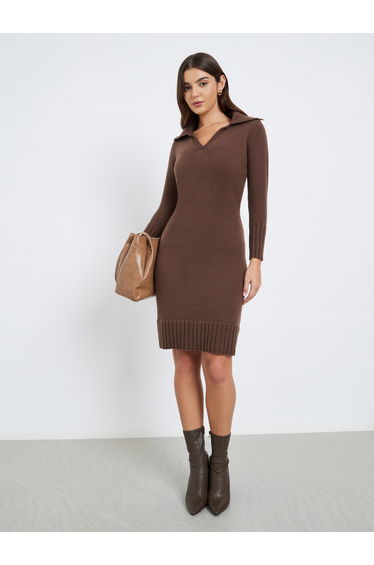 Brown Knit Sweater Knee-Length Dress