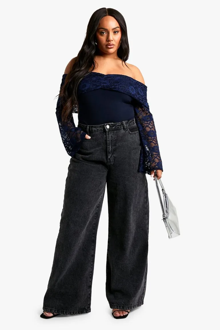 Plus Lace Ruched Overlay Stretch Bodysuit - navy