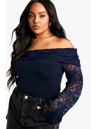 Plus Lace Ruched Overlay Stretch Bodysuit - navy - 3