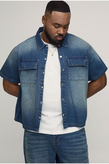 Plus Washed Oversized Boxy Denim Shirt - mid wash