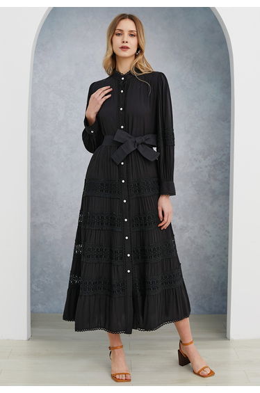 Crochet Panelled Tie-Waist Button Down Dress in Black