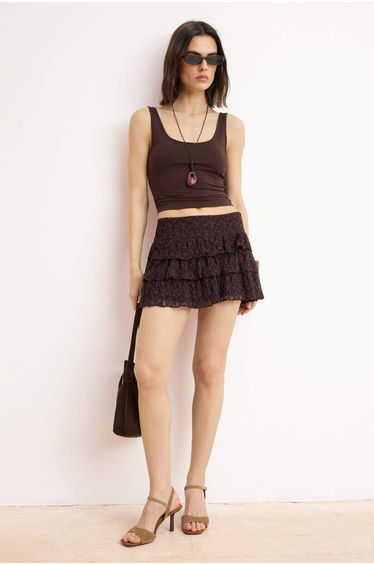 Brown Super Mini Knitted Shorts with Lined Lace Party Skirt