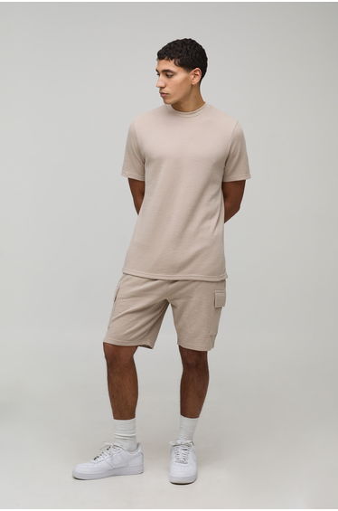 Slim Fit Waffle T-Shirt & Cargo Shorts Set - taupe