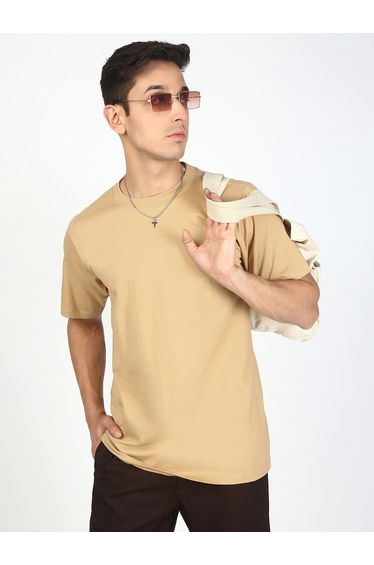 Men Beige Solid Regular Fit T-Shirt