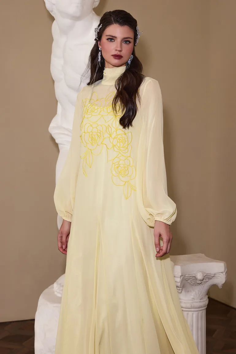 Embroidered Chiffon Lantern Sleeve Maxi Dress JardinVue Yellow : Evening Dresses : VogaCloset United Arab Emirates Embroidered Chiffon Lantern Sleeve Maxi Dress JardinVue Yellow : Evening Dresses : VogaCloset United Arab Emirates