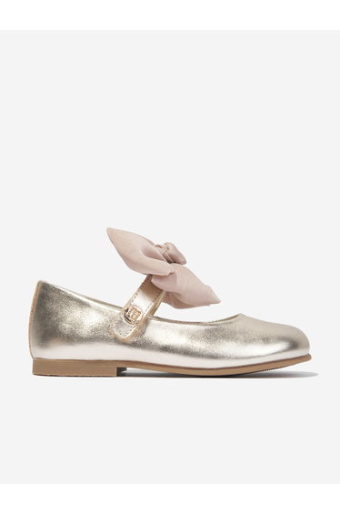 Andanines Girls Leather Bow Shoes in Gold