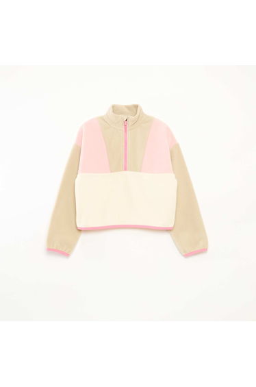 Fleece Trucker Neck Sweatshirt with Trim BEIGE