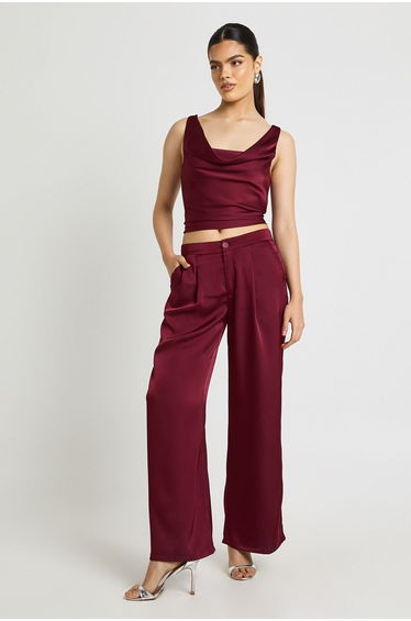 Satin Cowl Neck Cami And Wide Leg Trouser Co-ord - burgundy