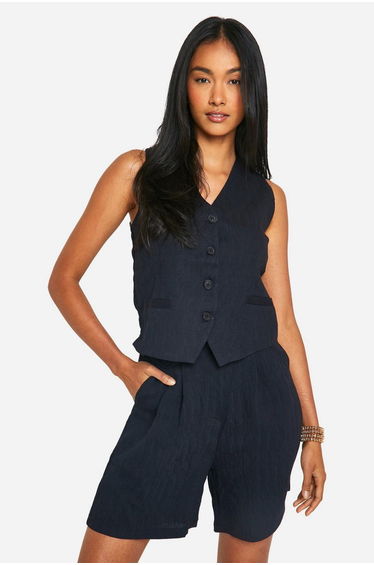 Linen Look Seam Detail Tailored Waistcoat - black