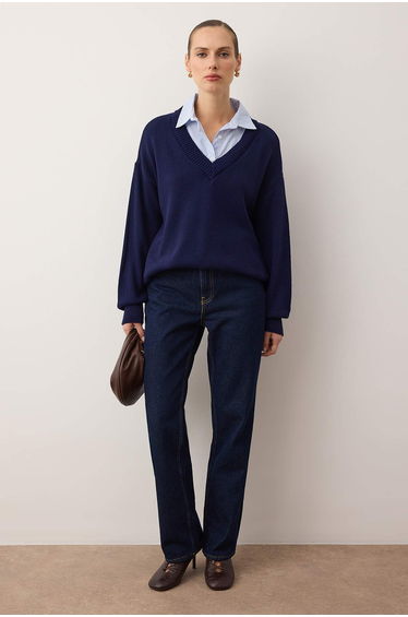 Navy blue shirt collar detailed wide fit knitwear sweater