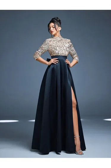 Leely Women's Elegant High Neck Three Quarter Length Sleeve Prom Dress