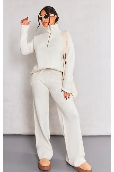 Petite Cream Knit Wide Leg Trousers