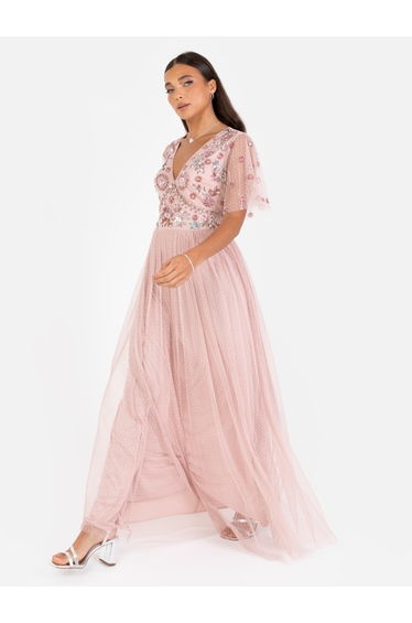 Maya Blush Floral Embellished Spot Mesh Maxi Dress
