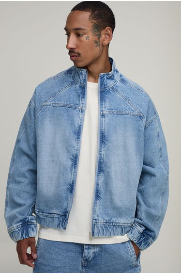 Washed Denim Panelled Track Jacket - light blue