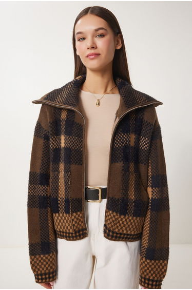 Women's Brown Beige Checked Zippered Knitwear Cardigan