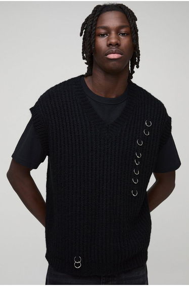 Oversized Ring Detail V Neck Ribbed Knitted Vest - black