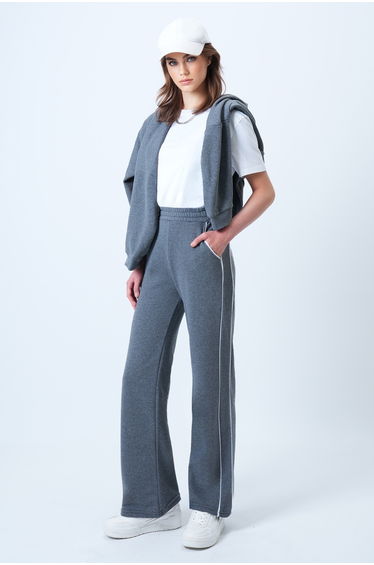 Women's anthracite wide leg tracksuit bottoms with elastic waist and piping detail