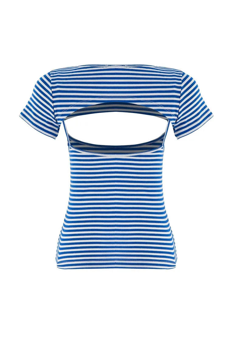 Blue Striped Fitted 2-Piece Short Crop Premium Soft Knitted T-Shirt - 7