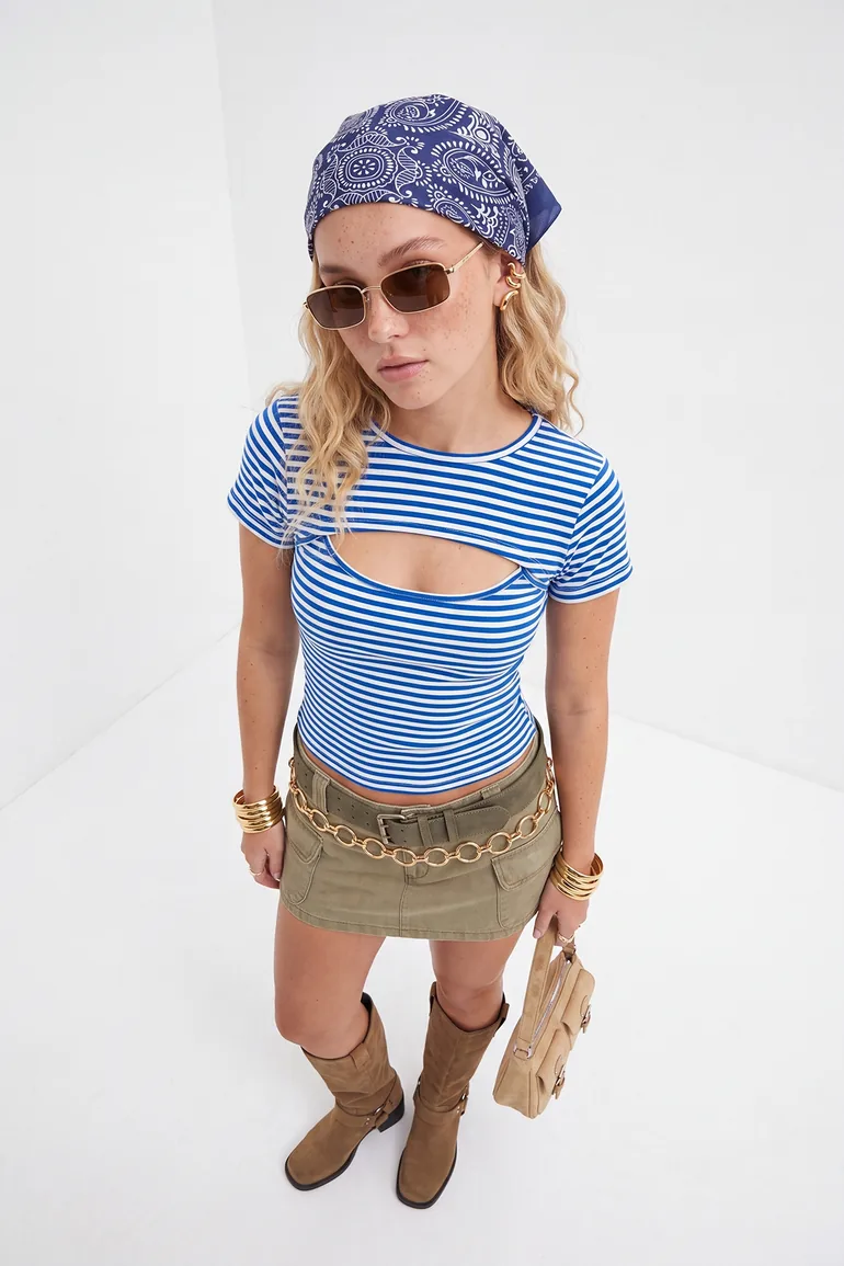 Blue Striped Fitted 2-Piece Short Crop Premium Soft Knitted T-Shirt - 2