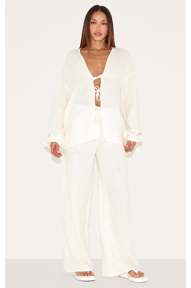 Tall Cream Textured Cheesecloth Tie Front Shirt