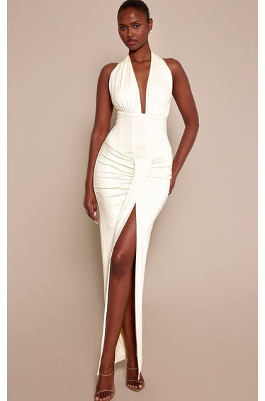 Cream Corset Plunge Drape Maxi Dress