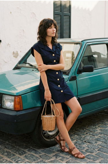 Navy Column Mini Shirt Dress
