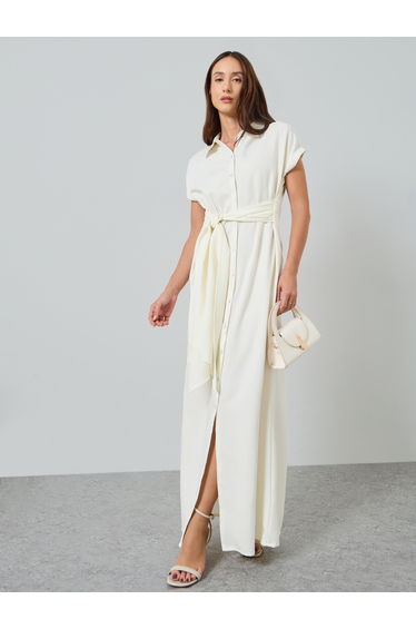 Women White Maxi Shirt Dress with Belt