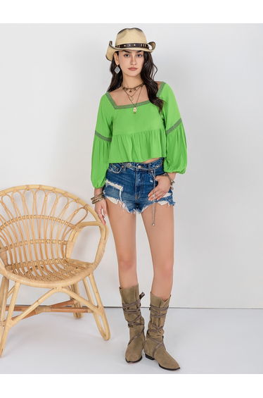 Square Neck Lace Detail Top with Volume Sleeves
