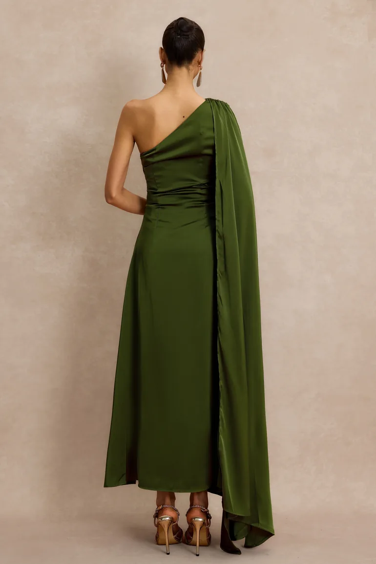 Asymmetrical One Shoulder Pleat Midi Dress - 1