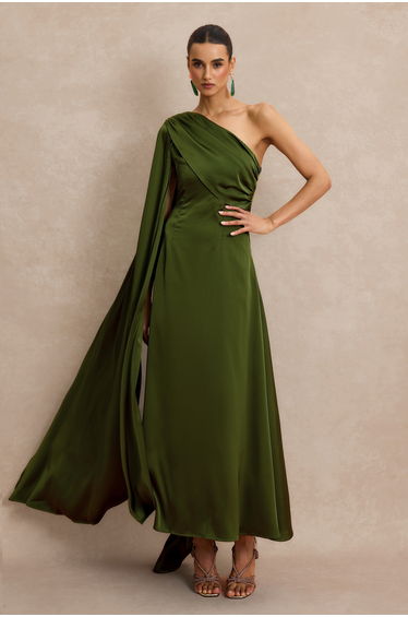Asymmetrical One Shoulder Pleat Midi Dress