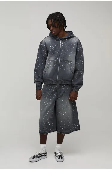 Washed Rhinestone Longline Jorts - grey
