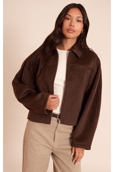 Chocoalate PU Collar Zip Up Jacket